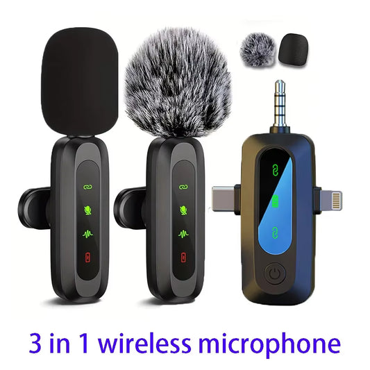 3 in 1 Lavalier Microphone Wireless Mini Mic for Phone/Tablet/Pc Video Recording Clip-On 2 Mics for Vlog Podcast Content Creator